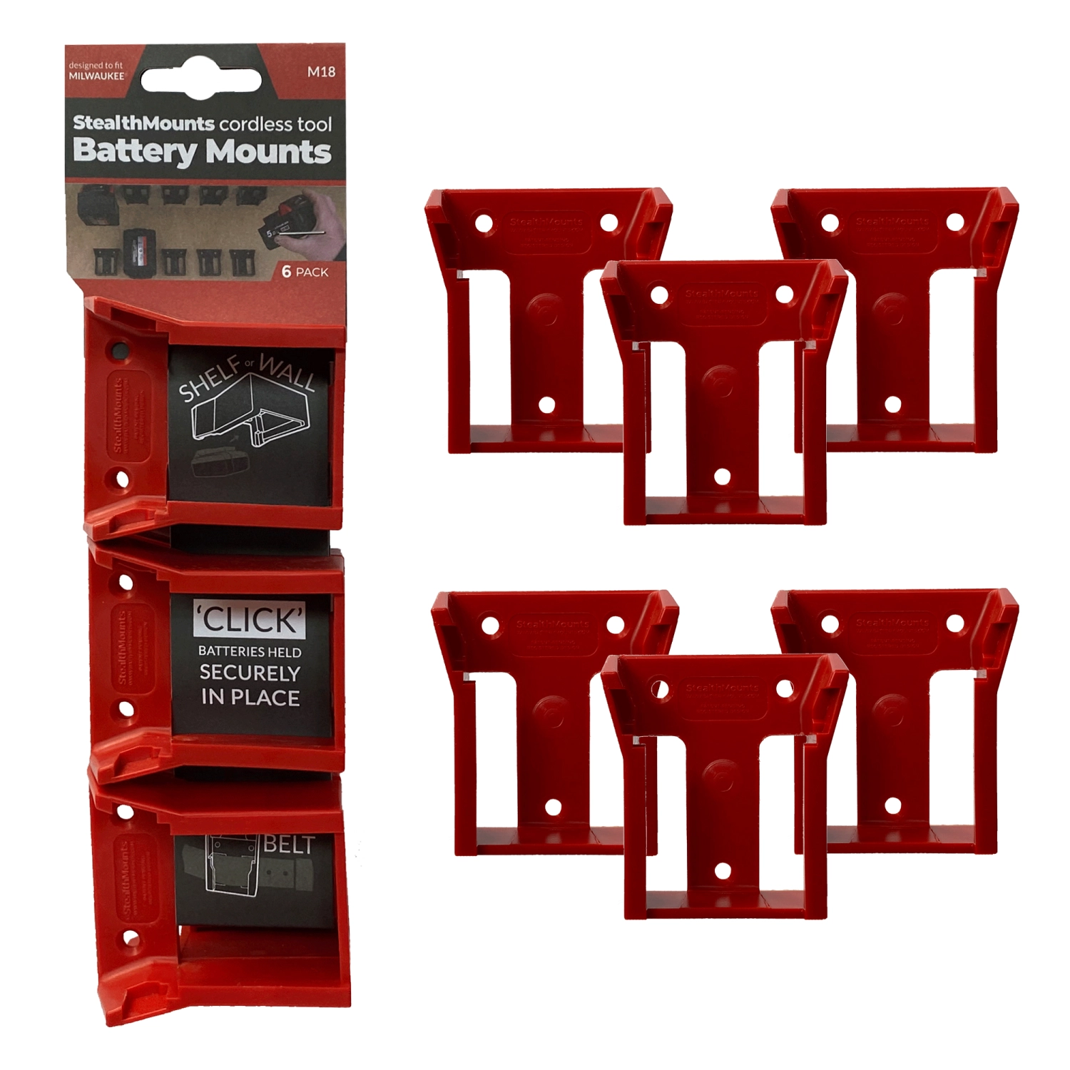 StealthMounts BM-MW18-RED-6 Accuhouder voor Milwaukee M18 - Rood - 6-pack-image