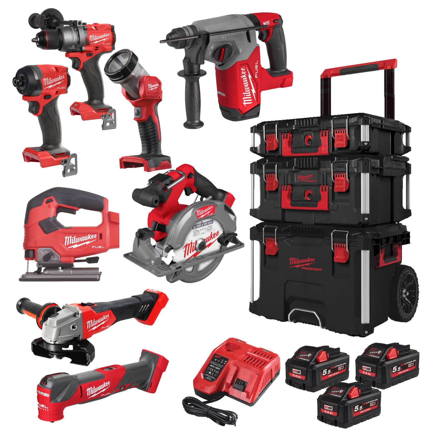 Milwaukee M18 FPP8E-553P 18V Li-ion 8-Delige combiset (3x 5.5Ah + 1x 3.0Ah) in Packout-image
