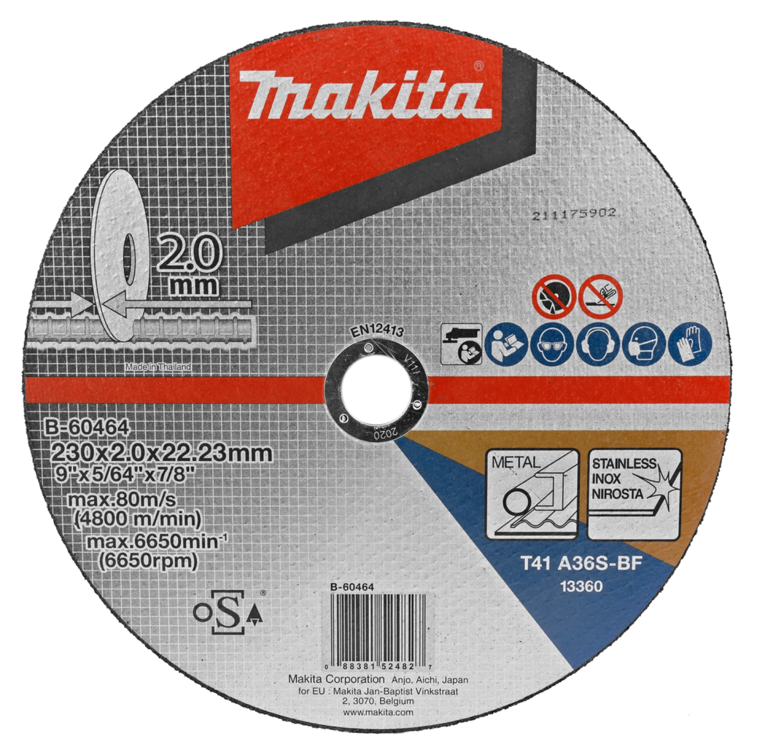 Disque à tronçonner Makita B -60464 - 230 x 22,23 x 2 mm - Acier inoxydable-image