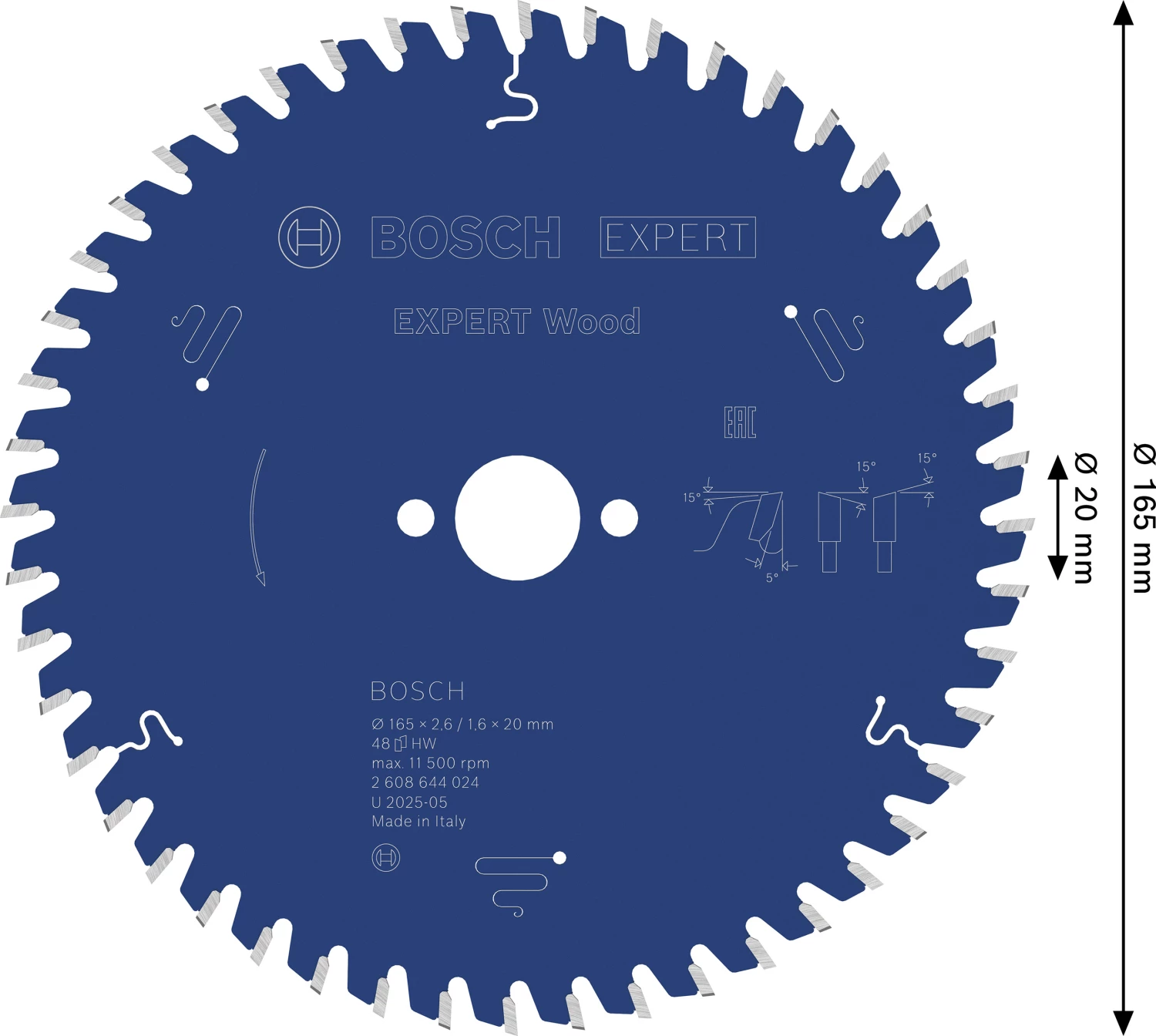 Bosch 2608644024 Expert Cirkelzaagblad - 165 x 20 x 48T - Hout - Carbide-image
