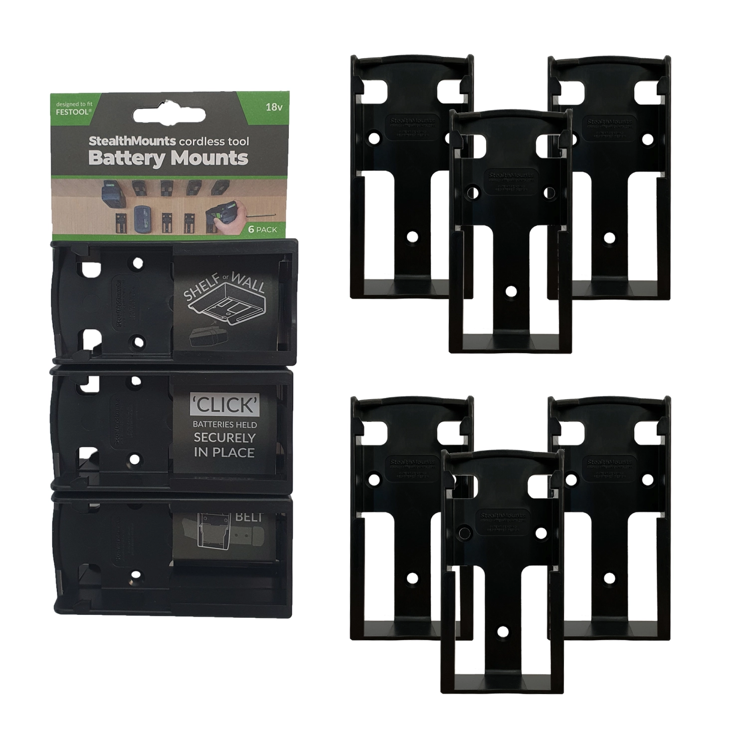 StealthMounts BM-FT18-BLK-6 Accuhouder voor Festool 18V - Zwart - 6-pack-image