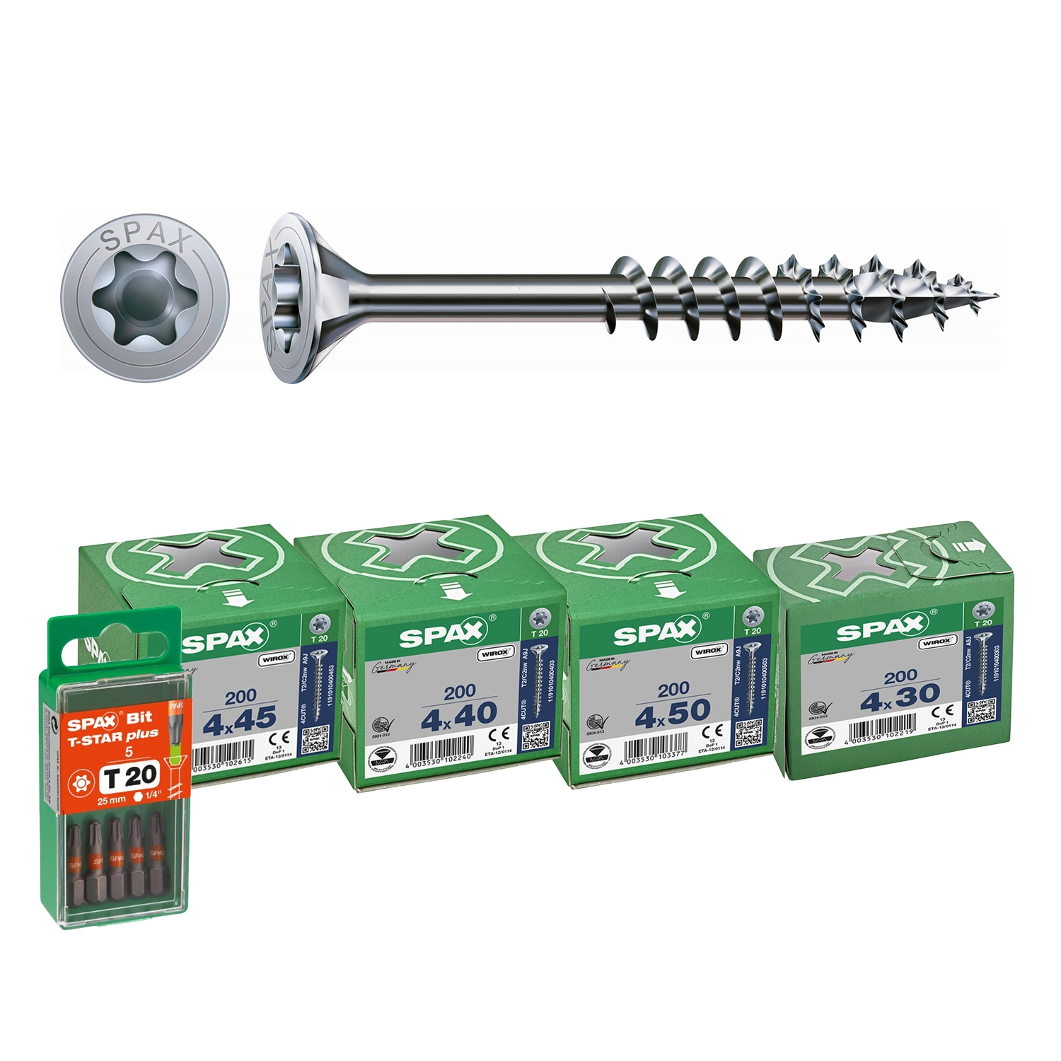 SPAX Ensemble de vis universelles en 4 pièces - T-STAR plus T20 - Tête fraisée - Filetage complet - WIROX (800 pièces) incl. embout SPAX T20 (5 pièces)-image