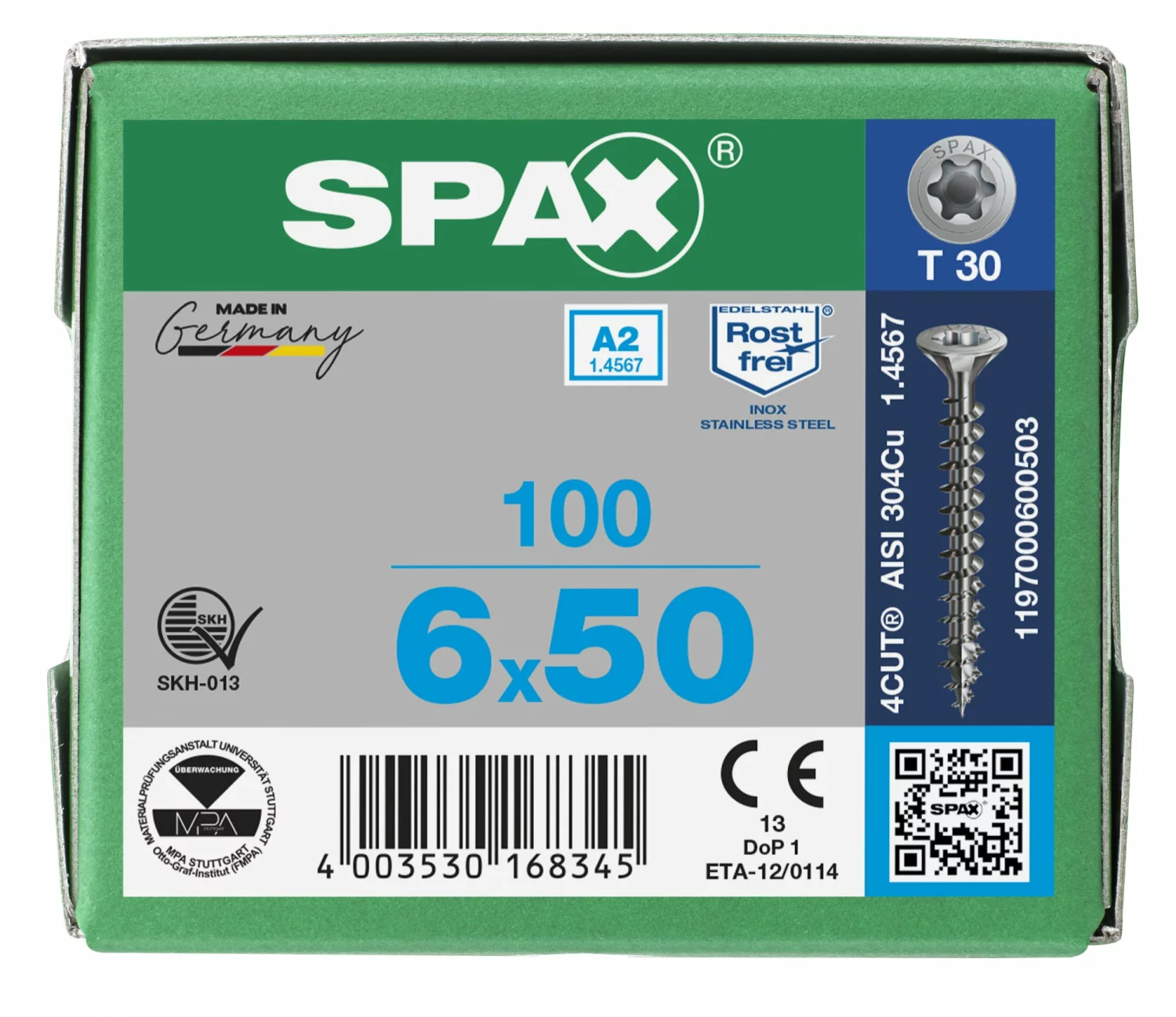 SPAX 1197000600503 - Vis en acier inoxydable, 6 x 50 mm, 100 pièces, Tête centrante, Tête fraisée, T-STAR plus T30, 4CUT, Acier inoxydable A2-image