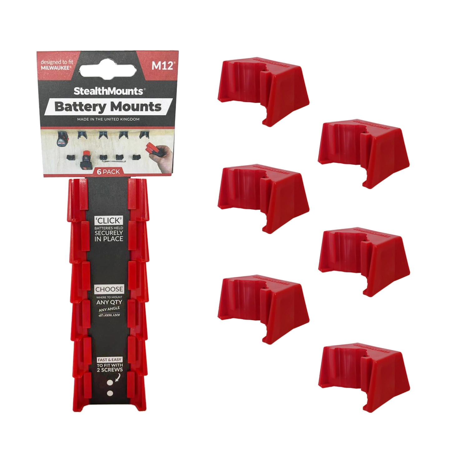 StealthMounts BM-MW12-RED-6 Supports de batterie pour Milwaukee M12 (6 pièces) - Rouge-image