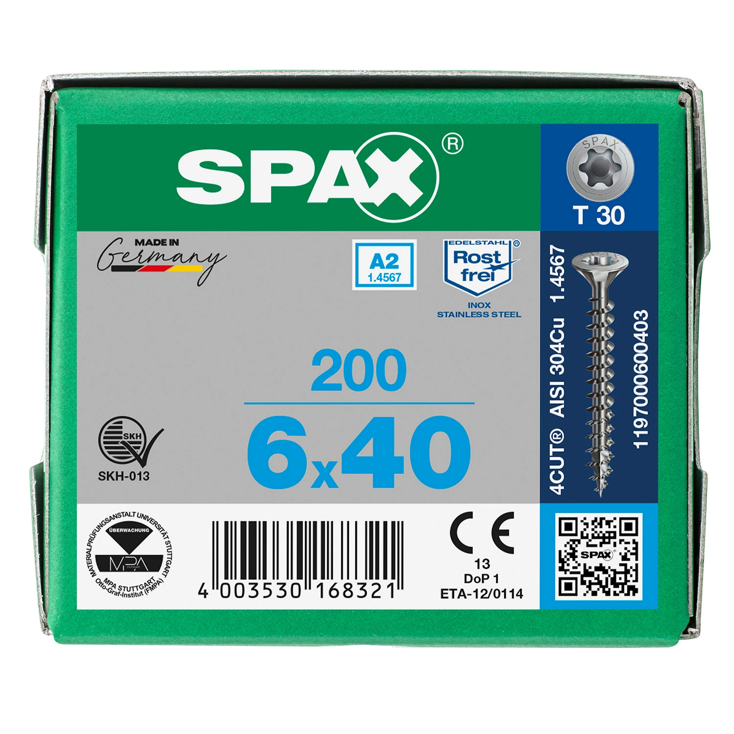 SPAX 1197000600403 - Vis en acier inoxydable, 6 x 40 mm, 200 pièces, Tête centrante, Tête fraisée, T-STAR plus T30, 4CUT, Acier inoxydable A2-image