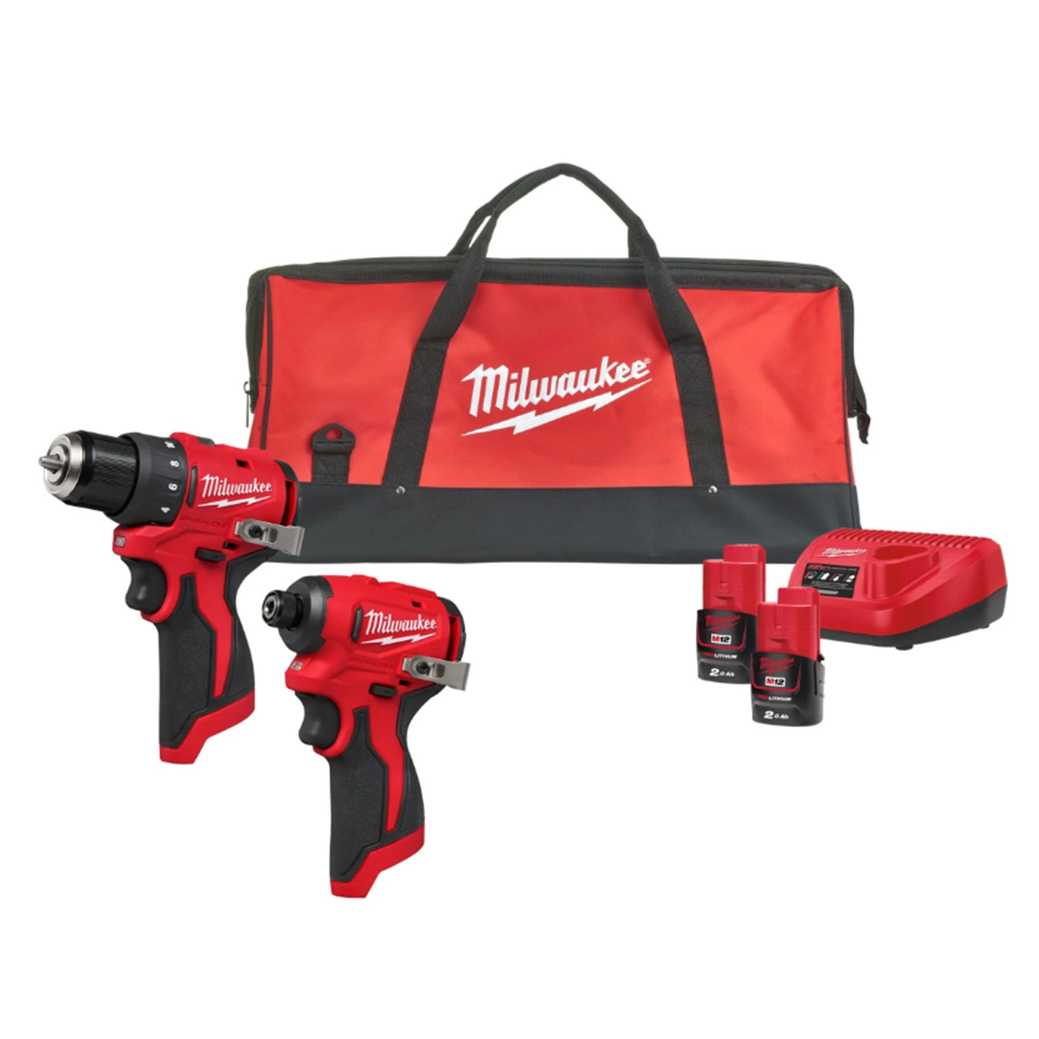 Milwaukee M12 BLPP2D-202B 12 V Li-ion batterie perceuse-visseuse (M12 BLDDRC) & visseuse à chocs (M12 BLIDRC) kit combiné (2x 2,0 Ah batterie) dans un sac-image