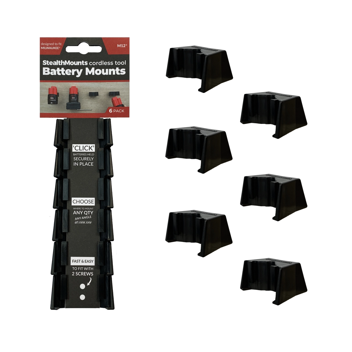 StealthMounts BM-MW12-BLK-6-BLK Accuhouder voor Milwaukee M12 - Zwart - 6-pack-image