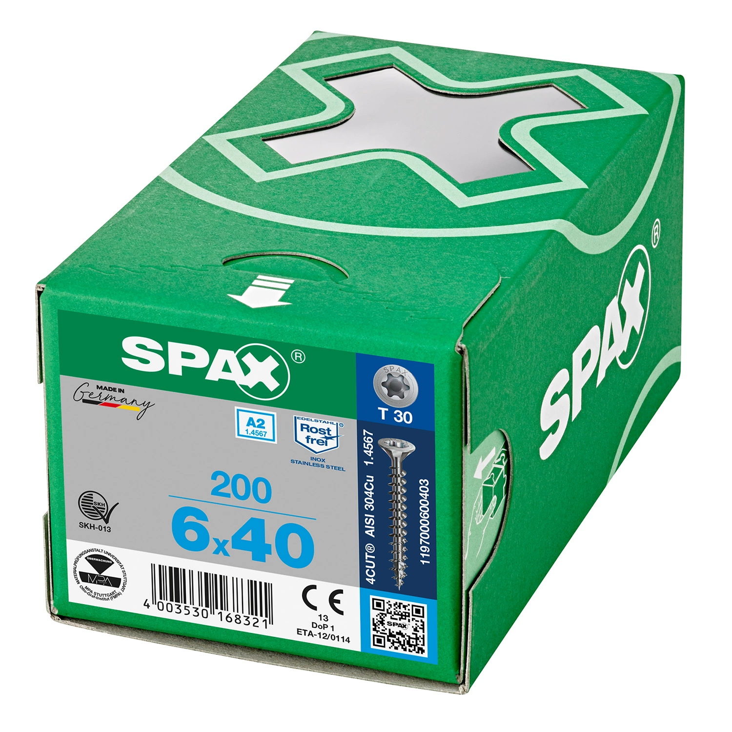 SPAX 1197000600403 - Vis en acier inoxydable, 6 x 40 mm, 200 pièces, Tête centrante, Tête fraisée, T-STAR plus T30, 4CUT, Acier inoxydable A2-image