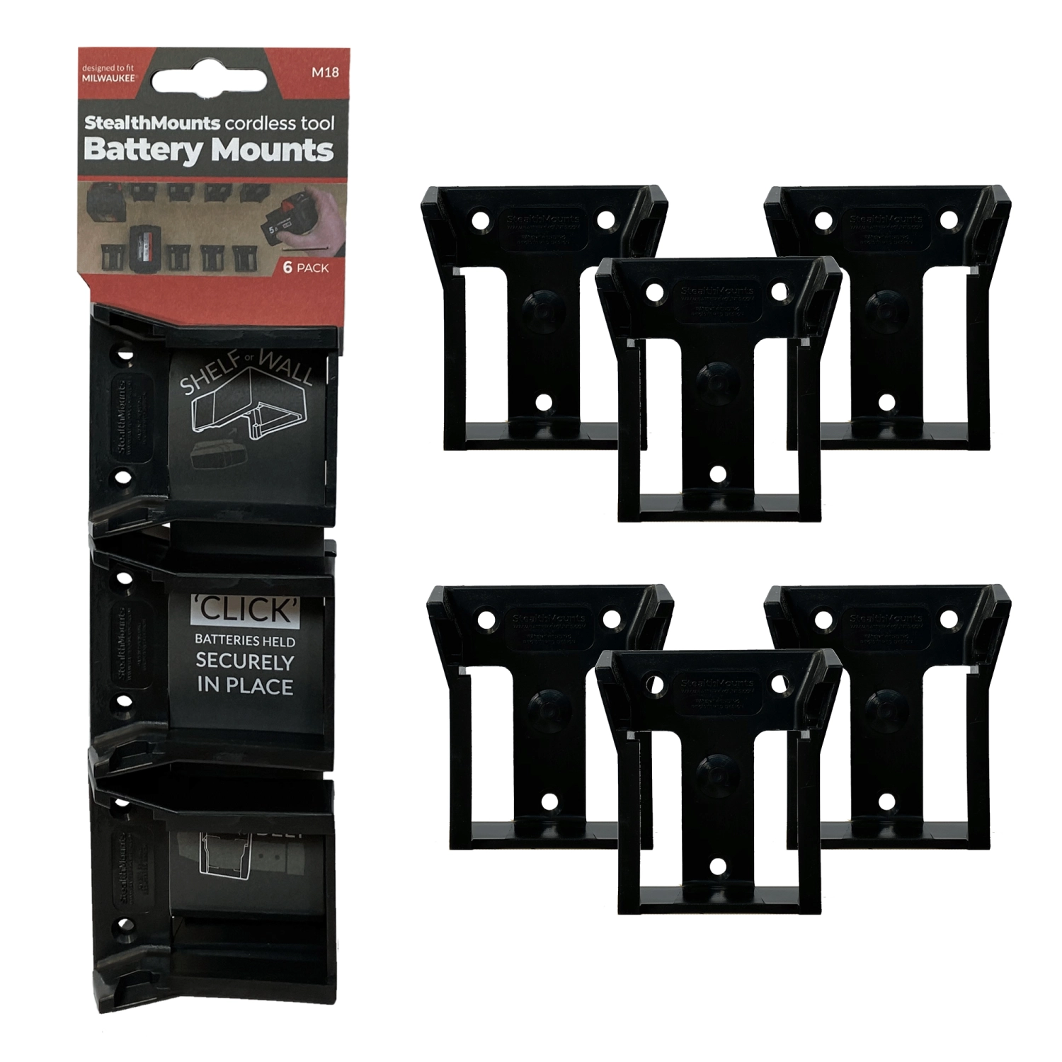 StealthMounts BM-MW18-BLK-6 Accuhouder voor Milwaukee M18 - Zwart - 6-pack-image