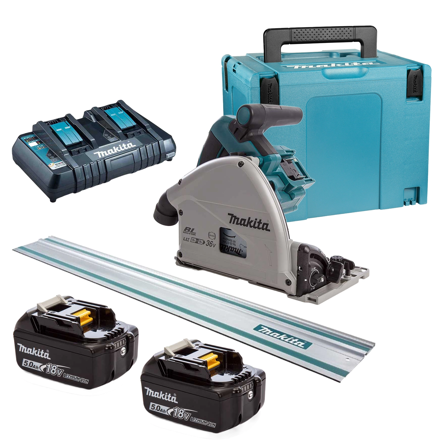 Makita DSP600PT2J1 36V (2x 18V) Li-Ion accu Invalzaag set (2x 5,0Ah accu) in Mbox incl. geleiderail - 165 x 20mm - koolborstelloos-image